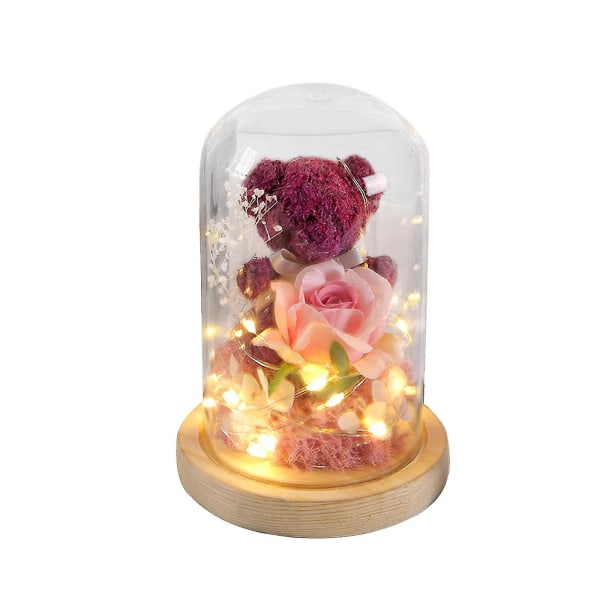 New Preserved Pink Rose And Moss Bear In Glass Dome, Light Up Beauty And Rose