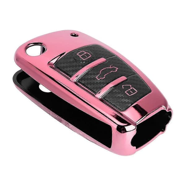 Foldbar Nøglebrik Etui Beskyttelse TPU Kulfiber Stil til A3 S3 2005 til 2017 Pink