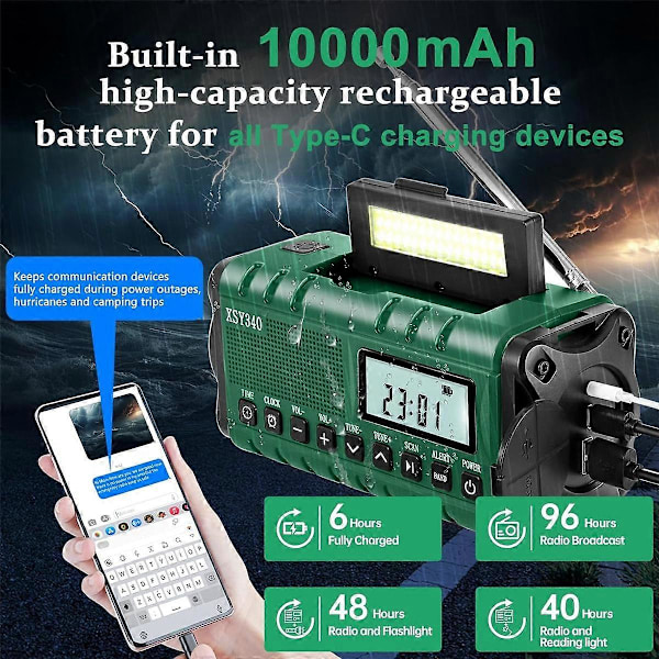 Nödradio, AM/FM/ Vevradio Soldriven 10000mAh Telefonladdare Radio, LCD-Display Väckarklocka