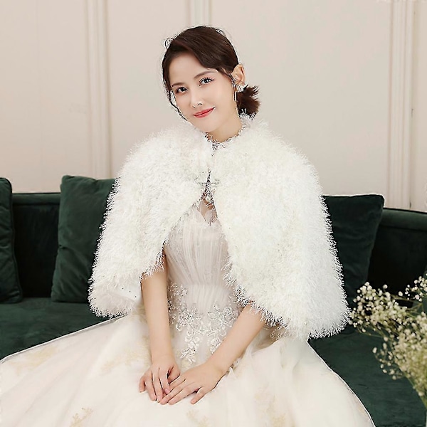 Vinter Bryllup Fluffy Plys Shrug Sjal Wrap Faux Perle Perler Varm Stola Kappe