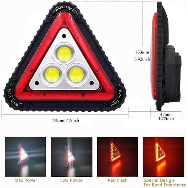 2025 Sopiva Kannettava LED-varoituskolmio, Kannettava LED-työvalo, USB-ladattava, 4 tilaa Kolmiovalo