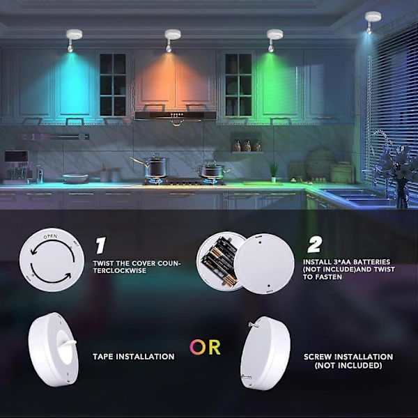 Trådlös LED-spotlight med fjärrkontroll, 2-pack Mini RGB Dimmer Timer med 13 ljusfärger för skåp, konstutställning, fest, målning