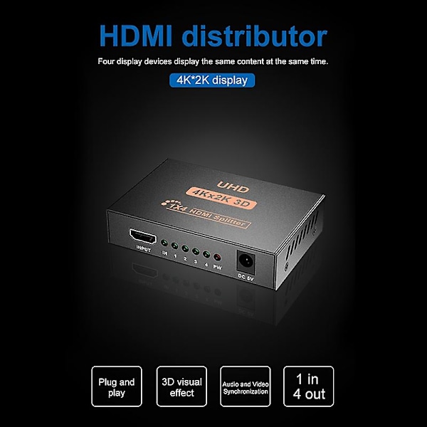 4K 1X4 Splitter, 1 Port till 4 Skärmar, Dubblering/Spegel, USB-driven Splitter för (Utgångar)