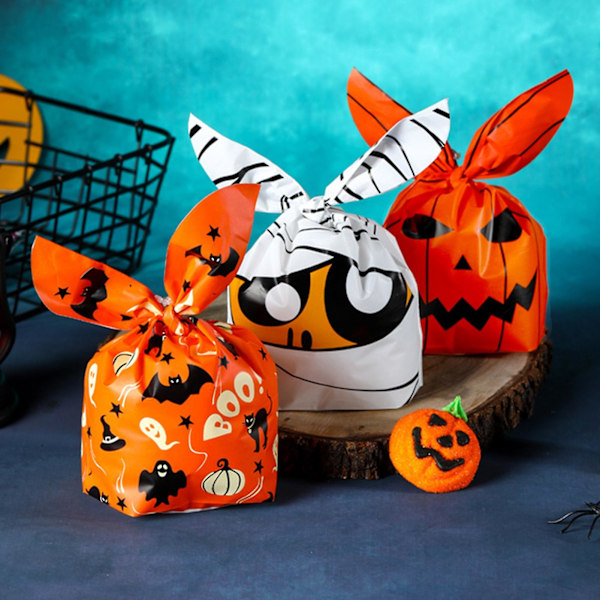 Mengxi 50 st/set Halloween Godispåsar Kaninöron Bus eller Godis Festdekoration Skräck Bred Applikation Paket Gåva Återanvändbar Pumpa Bakning Hallow