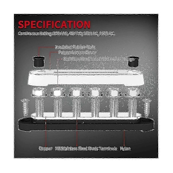 12V Bussjern, 6x5/16 Tommer (M8) Terminalpinner, Strømfordelingsblokk med Deksel for 12V-48V Bil