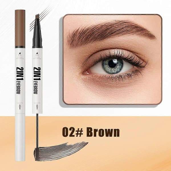 2-i-1 Ögonbrynspenna med Gel, 3D Microblading Ögonbrynspenna med 4 Spetsar & Borste Brown