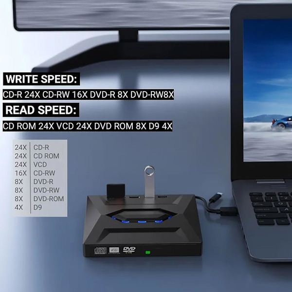 Kannettava ulkoinen DVD-asema, nopea lukeminen ja kirjoittaminen, Type-C USB 3.0 DVD RW VCD CD-poltin, soitin, tietokoneen lisävarusteet