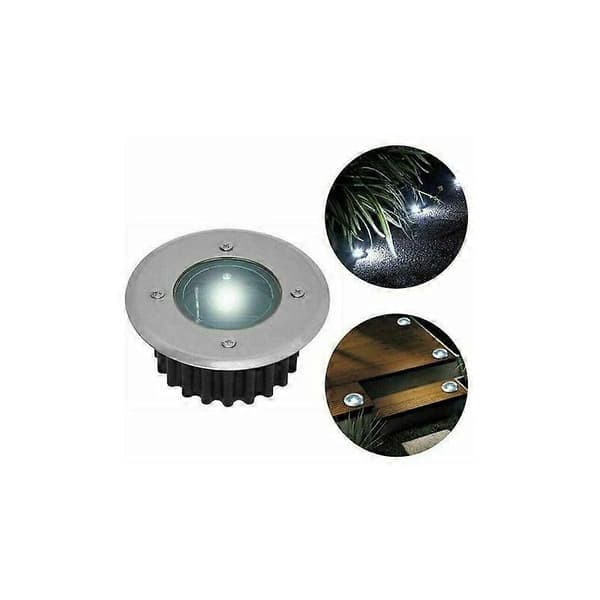 Sæt med 6 solcelle LED spotlights indbygget i jorden - Rund - Diameter: 85 mm - Udvendig resistent over for basen - Front i rustfrit stål - 6 solcellelamper