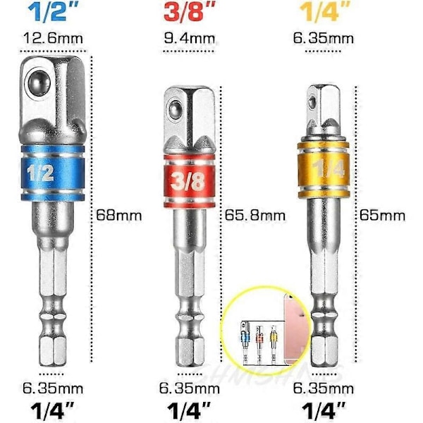 Topadaptere til boremaskine/slagboremaskine. Sæt med 3 firkantede chuck-adaptere 1/4\", 1/2\", 3/8\" i kromvanadium