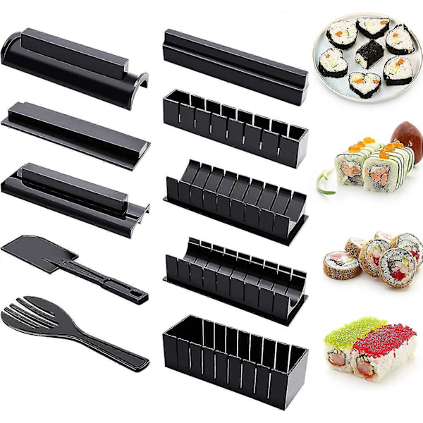 Sushi-set för nybörjare - 10 delar i plast - Komplett med 8 formar för sushiris, gaffel, spatel, DIY-verktyg för sushi hemma