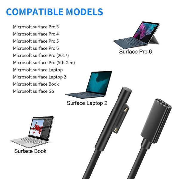 USB Typ C Pd 15v Power Converter Laddningskabel för Surface Pro 7/6/5/4/3/go/book Laptop 1/2