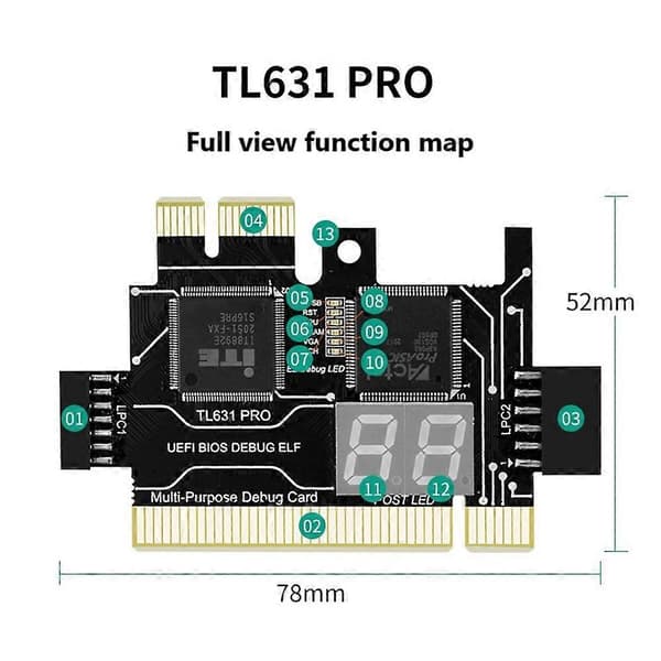 TL631 Pro Multifunktionel Desktop Laptop LPC-DEBUG Post Kort PCI PCI-E Mini PCI-E Bundkort Diagnostisk Analysator Tester, A