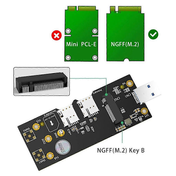 M.2 B Key til USB 3.0 Adapter med 2 Kortunderstøttelse til 3G/4G/5G Modul