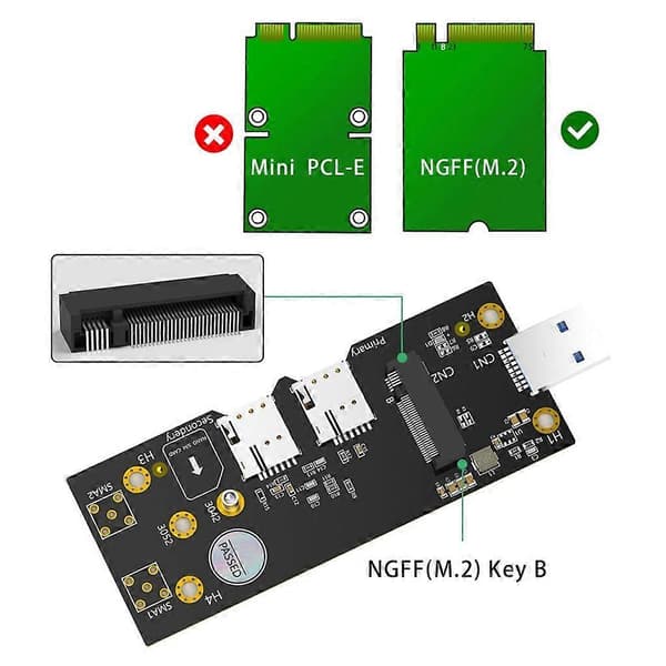 M.2 B-nøkkel til USB 3.0-adapter med støtte for 2 kort for 3G/4G/5G-modul