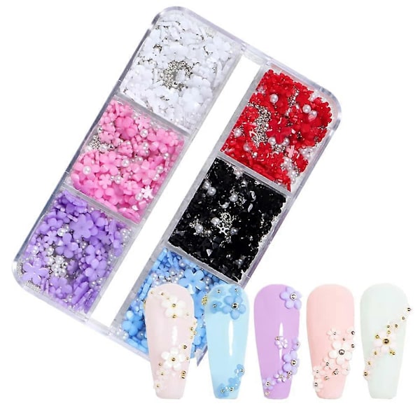 3D Blomster Nail Charms, 6 Ruter 3D Nail Blomster Strass Steiner Perler Hvit Rosa Blå Kirsebærblomst Nail Art Dekaler Charms for Akryl Nail Supplies med