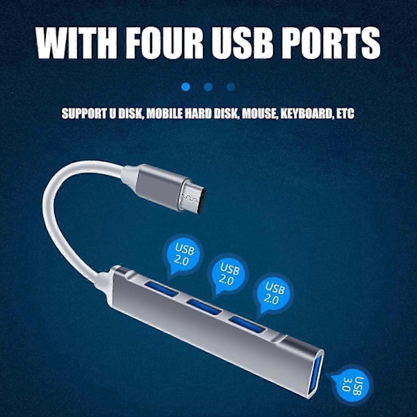 Bærbar 4 Ports USB 3.0 Hub Forlængerkabel Splitter til Telefon Computer Pad