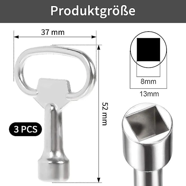 3 st Kvadratiska Nyckelnycklar Värmeventilnyckel Rostfritt Stål Elektriskt Skåp Dörrlås Vänd Tunglås Vattenkran 8mm Ventilnyckel