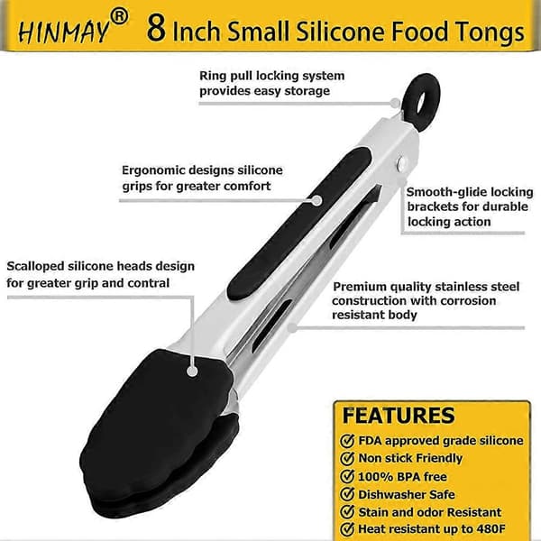 HandyTongs Små Silikone Tænger 7-Tommer Mini Serveringstænger, Sæt med 3 (Sort Hvid grå)