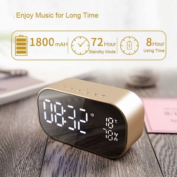 Trådlös Bluetooth Högtalarklocka, Digital Spegelradio Väckarklocka USB Laddningsport AUX TF Kort Spela Upp Display för Sängbord Sovrum