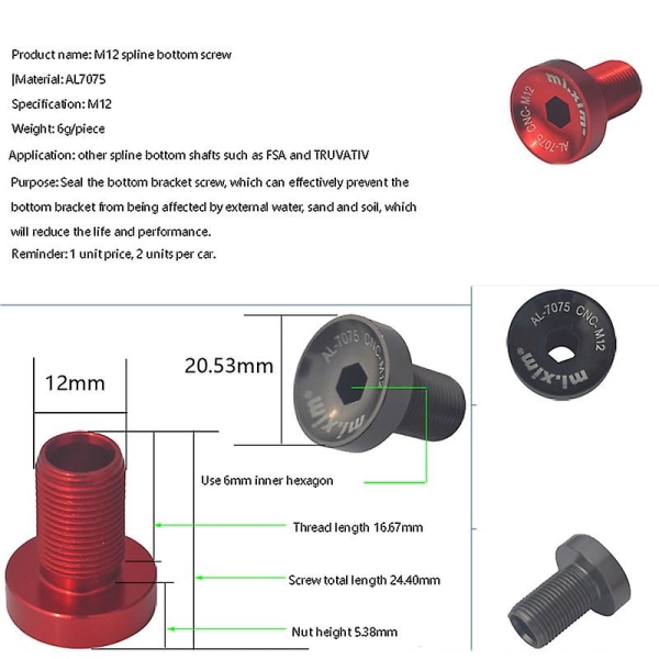 Xim 2 stk Sykkelbunnbrakett M12 Kranksett Skrue Veisykkel Kranksett Krankarm Festeskruer Sykkel S