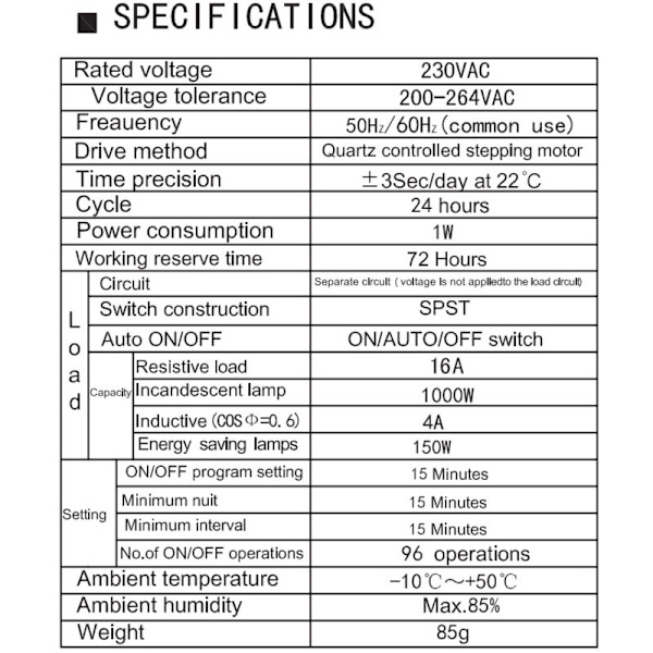 Mekanisk 24-timers timer, minimumstid 15 minutter, skinnemontering, integrert batteri, SUL180a AC220–240V Grå