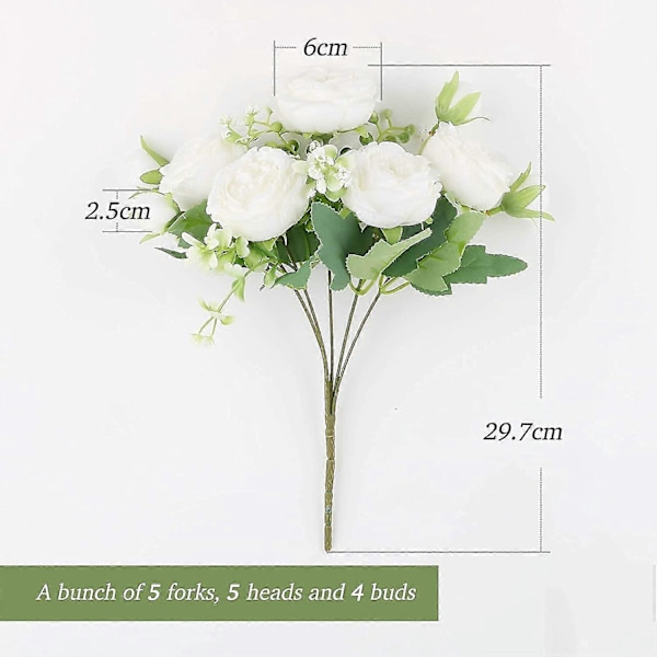 3 stk. Kunstige Blomster Peon Buketter Dekor, 15 Peon Blomster, hvit