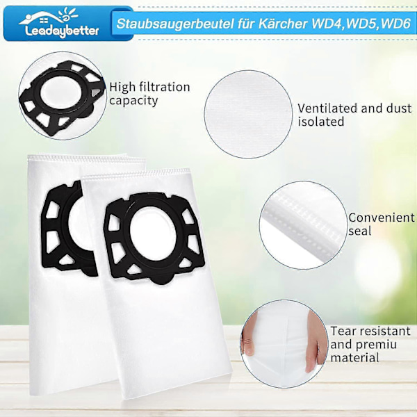 6-pak Fleece Filterposer til Karcher Wd4 Wd5 Wd5 / P Støvfilterposer