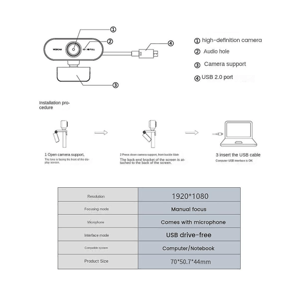 1080p Webcam med Mikrofon HD Webcam USB Kamera til PC Laptop, Zoom, Skype, Facetime, Windows, Li