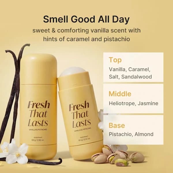Deodorant med doft av vanilj och pistasch, långvarig fräschör hela dagen