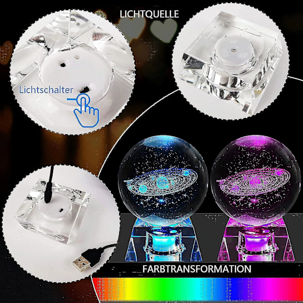 3D solsystem krystallkule med LED-base, astronomisk nattlys til hjemmedekorasjon, kjæreste, kone, mor, kvinner på Valentinsdagen, bursdag, A