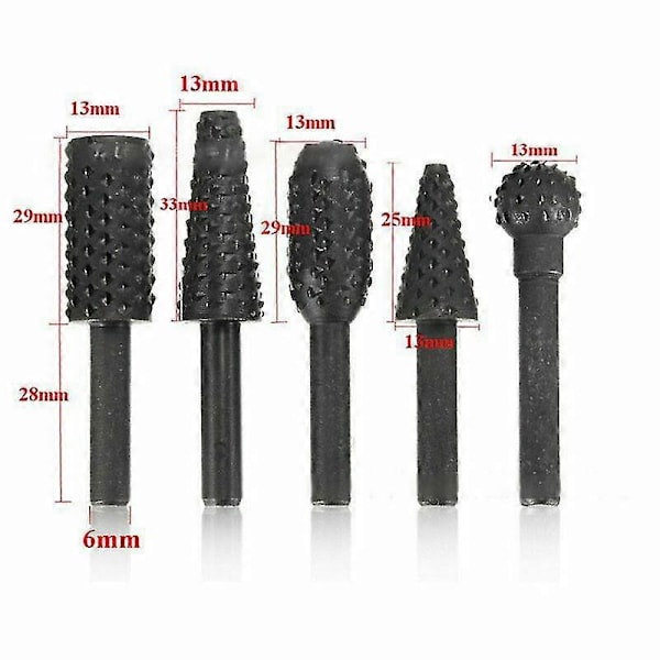 Förpackning med 5, 1/4\" 6mm roterande filset, elverktyg, träslipning, gravering, filrasp, borr, skaft (svart)