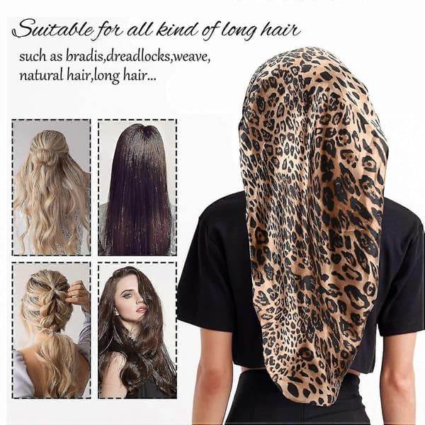 Satinmössa för kvinnor - 2-pack mjuk och elastisk svart leopard långhårsmössa