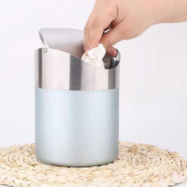 Mini Søppelbøtte for Skrivebord med Lokk. Børstet Rustfritt Stål Svingbøtte. Liten Søppelkasse
