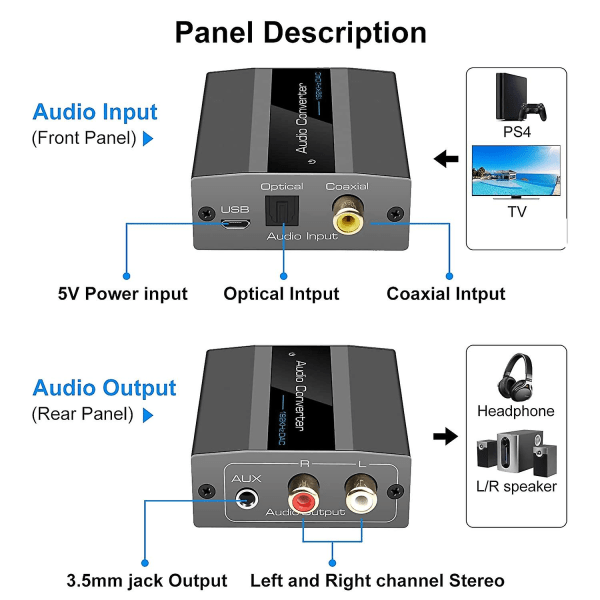 Optisk til RCA-konverter Lydkonverter Digital til Analog lyd Koaksial til RCA-adapter 3,5 mm AUX med optisk kabel til TV PS3 PS4