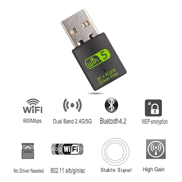 USB WiFi Bluetooth Adapter, 600Mbps Dual Band Trådløs Nettverk Ekstern Mottaker, WiFi Dongle for PC