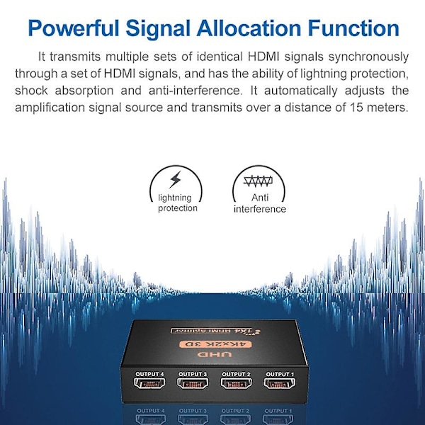 4K 1X4 Splitter, 1 Port till 4 Skärmar, Dubblering/Spegel, USB-driven Splitter för (Utgångar)