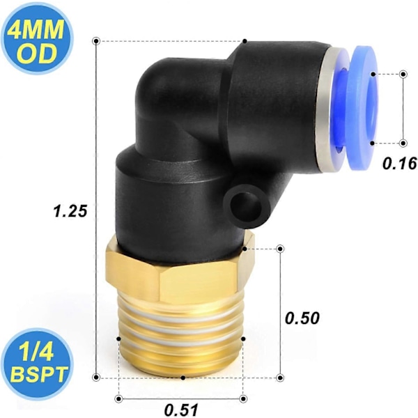 Rörmuff Vinkel 4mm Rör OD x 1/4 BSP Push-to-Connect Kopplingar PL4-02 (2-pack)