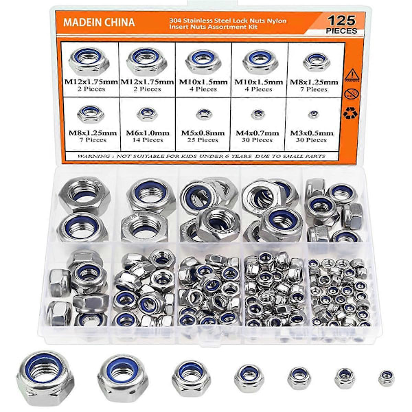 125st Nylon Hex Låsmutter Set 304 Rostfritt Stål Låsmutter