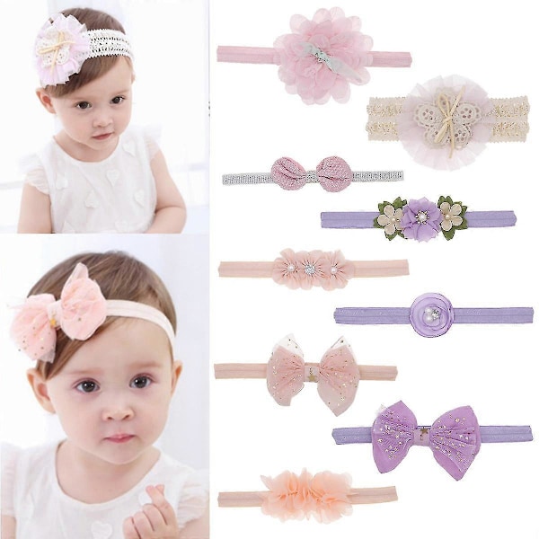9 st Baby Hårband, Baby Blomma Hårband Elastiska Baby Rosetter-Yvan