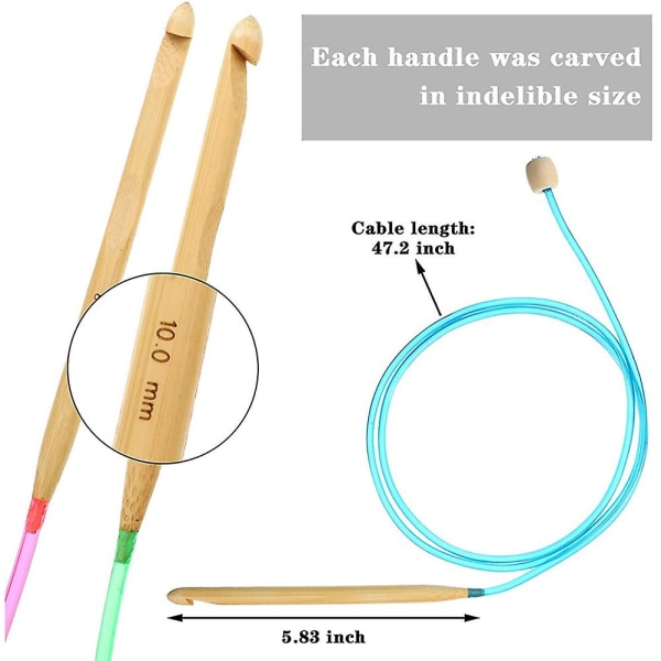 23 stykker tunesiske hæklenåle sæt 3-10 mm kabel bambus strikkepind med perle karboniseret bamb