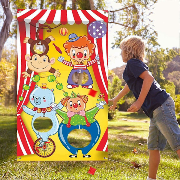 Kastspel med karnevalclown-banner och bönpåsar för barn och vuxna på karnevalsfest