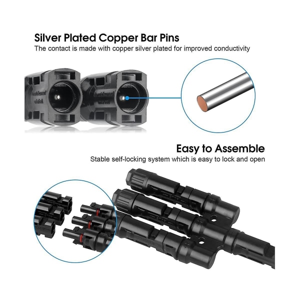 2 Par Solcelle Han- og Hunnkontakter MMMF+FFFM, 3 til 1 Grenkontakter
