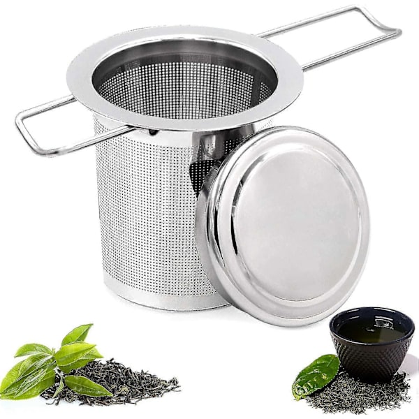 Tefilter, tefilter i rustfrit stål, tesigte, tebrygger tesigte med låg, tefilter med fine huller, foldbart håndtagsdesign egnet til kop