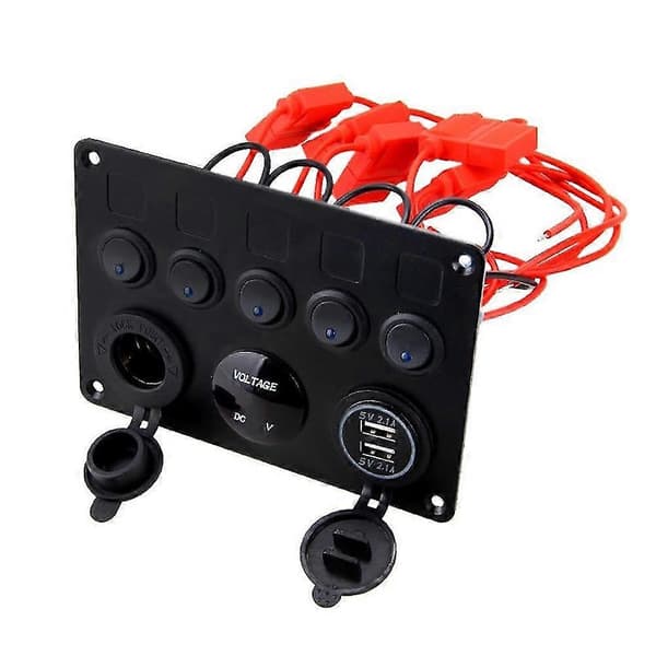 Vanntett Marine Båt LED 5 Vippebryter USB Voltmeter Strømuttak Panel