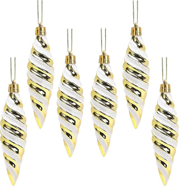 Pakke med 11*3mm store spiralformede kuler - Glansfull & Glitterdekorert - Julepynt (Gull)