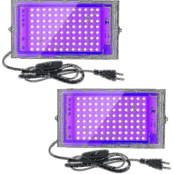 2 stk 100W UV LED Flomlys Svartlys IP65 Vanntett, Ultrafiolett LED Lampe, Effektbelysning For Akvarium, Fest, Neonmaling, Fluorescerende Plakater,-