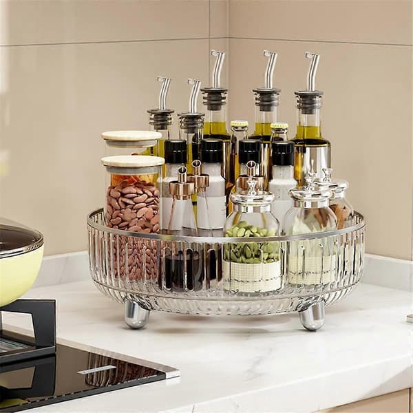 360-graders Roterende Makeup Organizer til Kommode, Kosmetikopbevaring med Rum til Parfumer, Transparent-Hvid, A