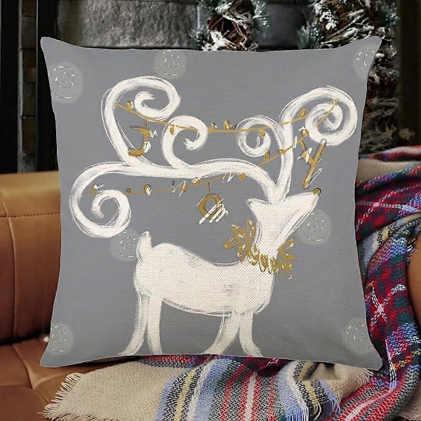 Sett med 2 Jule Elg Putetrekk 45x45 cm Hvit og Grå Julegraner Akvarell Hjort Gull Juledekor