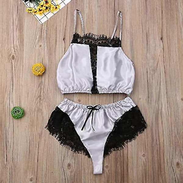 Sovplagg för damer 2 delar Blommig spetskant Satin Cami Pyjamasset Kvinnlig Mesh Nattlinne Lingerieset