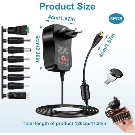 12W Universal AC/DC Strømadapter 12V 3V 4.5V 5V 6V 7.5V 9V Strømtransformator med 8 DC-stik til lys, router, TV-boks, kamera